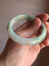 Load image into Gallery viewer, 51.5mm 100% Natural type A sunny green white carved flowers(繁花似锦) golden-painted Jadeite Jade bangle PF15