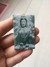 Load image into Gallery viewer, 100% natural blue gray white Guatemala jadeite jade Photo engraving Guanyin (观音) rectangle safe and sound pendant/worry stone/decor PA248