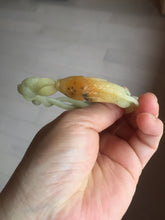 Load image into Gallery viewer, 61mm 100% Natural Yellow Orange 3D Carved Fish, Lotus Flowers & Twisted Braided Xiu Jade (Serpentine) Bangle CB84