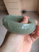 Load image into Gallery viewer, 60.8mm 100% natural dark green/gray carved fish and lotus(年年有余) Quartzite (Shetaicui jade) bangle SY61