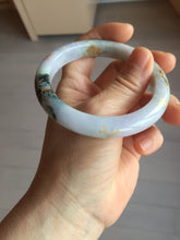 Load image into Gallery viewer, 58mm certified 100% Natural type A sunny green dark green purple carved branches and flowers and golden-painted Jadeite Jade bangle PH185-5926