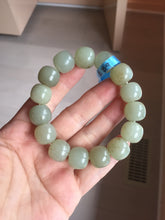 Load image into Gallery viewer, 14x13.2mm 100% Natural light green/brown with flying dandelions vintage style nephrite Jade bead bracelet HE89