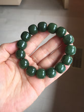 Load image into Gallery viewer, 14x13mm 100% Natural dark green/black/gray(碧玉) vintage style nephrite Jade bead bracelet HE106
