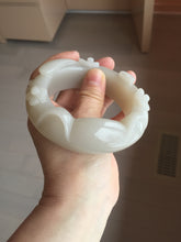 Load image into Gallery viewer, 59.5mm 100% natural white Pale sage gray Quartzite (Shetaicui jade) 3D carved cat ears/flowers/ingot bangle XY125