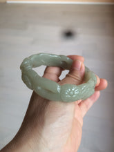 Load image into Gallery viewer, 59.5mm 100% natural light green/gray Quartzite (Shetaicui jade) carved flowers bangle XY61