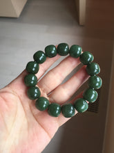Load image into Gallery viewer, 14x13mm 100% Natural dark green/black/gray(碧玉) vintage style nephrite Jade bead bracelet HE109
