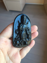 Load image into Gallery viewer, 100% Natural dark green/black jadeite jade(Mocui, 墨翠) GuanYin(观音) with Lotus & Vase Carving Pendant/handhold stone PC142