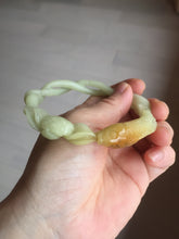 Load image into Gallery viewer, 61mm 100% Natural Yellow Orange 3D Carved Fish, Lotus Flowers & Twisted Braided Xiu Jade (Serpentine) Bangle CB84