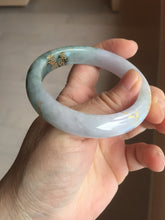 Load image into Gallery viewer, 53.6mm 100% Natural type A dark green purple white carved plum bossom and golden-painted Jadeite Jade bangle PD91-0269
