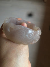 Load image into Gallery viewer, 54.6mm 100% natural light Pink/black/purple fish and lotus pods(年年有余) Quartzite (Shetaicui jade) 3D carved Bow knot bangle SY10