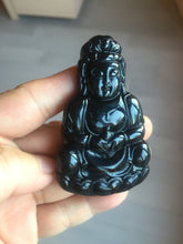 Load image into Gallery viewer, 100% Natural dark green/black jadeite jade(Mocui, 墨翠) GuanYin(观音) Pendant/handhold worry stone BL142