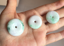 Load image into Gallery viewer, 24-28mm 100% Natural green/purple with sunny green floating flowers jadeite Jade Safety Guardian Button(donut) Pendant/worry stone H152