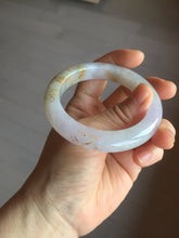 Load image into Gallery viewer, 53.5mm certified 100% Natural type A icy watery light green purple brown carved branches and flowers and golden-painted Jadeite Jade bangle PH198