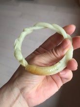 Load image into Gallery viewer, 61mm 100% Natural Yellow Orange 3D Carved Fish, Lotus Flowers & Twisted Braided Xiu Jade (Serpentine) Bangle CB84