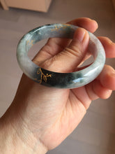 Load image into Gallery viewer, 56.5mm 100% Natural type A sunny green purple brown gray white carved flowers and golden-painted Jadeite Jade bangle BG232