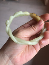 Load image into Gallery viewer, 61mm 100% Natural Yellow Orange 3D Carved Fish, Lotus Flowers & Twisted Braided Xiu Jade (Serpentine) Bangle CB84