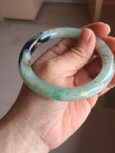 Load image into Gallery viewer, 58.4mm 100% Natural type A icy watery green dark carved flowers golden-painted round cut Jadeite Jade bangle PH74-5863