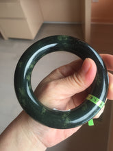 Load image into Gallery viewer, 57.9mm Certified 100% Natural dark green with light green fern frost chubby round cut nephrite Jade bangle HT102-0801