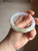 Load image into Gallery viewer, 53.5mm certified 100% Natural type A icy watery light green purple brown carved branches and flowers and golden-painted Jadeite Jade bangle PH198