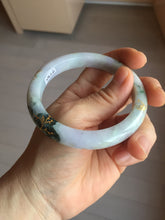 Load image into Gallery viewer, 58mm certified 100% Natural type A sunny green dark green purple carved branches and flowers and golden-painted Jadeite Jade bangle PH185-5926