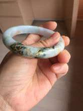 Load image into Gallery viewer, 57.5mm 100% Natural type A green purple white carved flowers and golden-painted Jadeite Jade bangle PB282