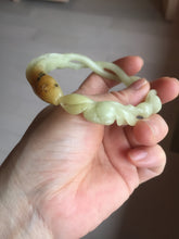 Load image into Gallery viewer, 61mm 100% Natural Yellow Orange 3D Carved Fish, Lotus Flowers & Twisted Braided Xiu Jade (Serpentine) Bangle CB84