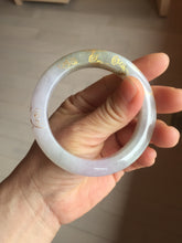 Load image into Gallery viewer, 53.5mm certified 100% Natural type A icy watery light green purple brown carved branches and flowers and golden-painted Jadeite Jade bangle PH198