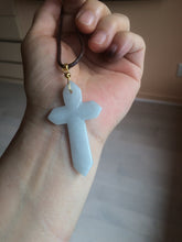 Load image into Gallery viewer, 100% Natural type A light green/white/gray jadeite Jade Hand-held cross or cross pendant AY55