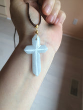 Load image into Gallery viewer, 100% Natural type A light green/white/gray jadeite Jade Hand-held cross or cross pendant AY55