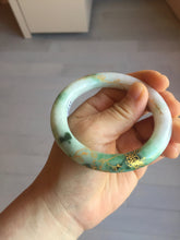 Load image into Gallery viewer, 55.5mm certified 100% natural Type A sunny green purple white carved and golden-painted chubby round cut jadeite jade bangle BH137-4720