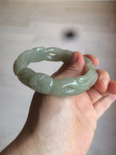 Load image into Gallery viewer, 59.5mm 100% natural light green/gray Quartzite (Shetaicui jade) carved flowers bangle XY61