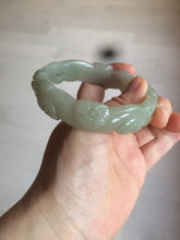 Load image into Gallery viewer, 59.5mm 100% natural light green/gray Quartzite (Shetaicui jade) carved flowers bangle XY61
