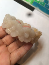 Load image into Gallery viewer, 56.7mm 100% natural light yellow/white Quartzite (Shetaicui jade) carved galsang flower(格桑花) bangle XY68