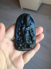 Load image into Gallery viewer, 100% Natural dark green/black jadeite jade(Mocui, 墨翠) GuanYin(观音) with Lotus & Vase Carving Pendant/handhold stone PC142