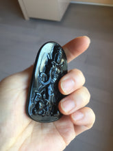 Load image into Gallery viewer, 100% Natural dark green/black jadeite jade(Mocui, 墨翠) GuanYin(观音) with Lotus & Vase Carving Pendant/handhold stone PC142