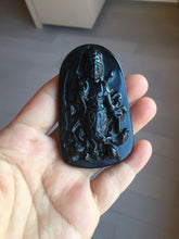 Load image into Gallery viewer, 100% Natural dark green/black jadeite jade(Mocui, 墨翠) GuanYin(观音) with Lotus & Vase Carving Pendant/handhold stone PC142
