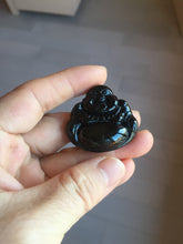 Load image into Gallery viewer, 100% Natural dark green/black jadeite jade(Mocui, 墨翠) happy Buddha Pendant/handhold stone PC141