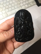 Load image into Gallery viewer, 100% Natural dark green/black jadeite jade(Mocui, 墨翠) GuanYin(观音) with Lotus & Vase Carving Pendant/handhold stone PC142