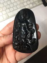 Load image into Gallery viewer, 100% Natural dark green/black jadeite jade(Mocui, 墨翠) GuanYin(观音) with Lotus & Vase Carving Pendant/handhold stone PC142