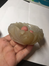 Load image into Gallery viewer, 54mm 100% natural light yellow/beige/gray 3D carved lotus and kissing love birds Quartzite (Shetaicui jade) jade bangle SY69