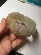 Load image into Gallery viewer, 54mm 100% natural light yellow/beige/gray 3D carved lotus and kissing love birds Quartzite (Shetaicui jade) jade bangle SY69