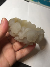 Load image into Gallery viewer, 54mm 100% natural light yellow/beige/gray 3D carved lotus and kissing love birds Quartzite (Shetaicui jade) jade bangle SY69