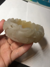 Load image into Gallery viewer, 54mm 100% natural light yellow/beige/gray 3D carved lotus and kissing love birds Quartzite (Shetaicui jade) jade bangle SY69