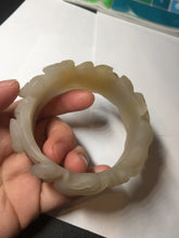 Load image into Gallery viewer, 54mm 100% natural light yellow/beige/gray 3D carved lotus and kissing love birds Quartzite (Shetaicui jade) jade bangle SY69