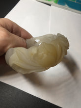 Load image into Gallery viewer, 54mm 100% natural light yellow/beige/gray 3D carved lotus and kissing love birds Quartzite (Shetaicui jade) jade bangle SY69