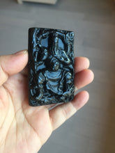 Load image into Gallery viewer, 100% Natural type A dark green black jadeite jade(墨翠, mocui) God of wealth General Guan (武财神关公) pendant pendant/worry stone AA64