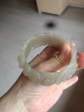 Load image into Gallery viewer, 55mm 100% natural light pale pink/gray/beige Quartzite (Shetaicui jade) carved flowers bangle SY51