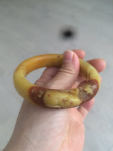 Load image into Gallery viewer, 56mm 100% Natural yellow/red/brown carved cat and flowers Xiu Jade (Serpentine) bangle XY60
