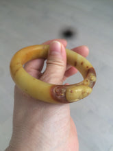 Load image into Gallery viewer, 56mm 100% Natural yellow/red/brown carved cat and flowers Xiu Jade (Serpentine) bangle XY60