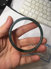 Load image into Gallery viewer, 56.5mm Certified Type A 100% Natural icy watery dark green/gray/black Guatemala skinny round cut Jadeite bangle PJ85-0601